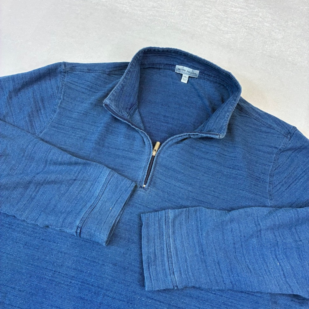 Peter Millar Quarter Zip Pullover Men XL Blue Slub Knit Cotton Sweater Golf